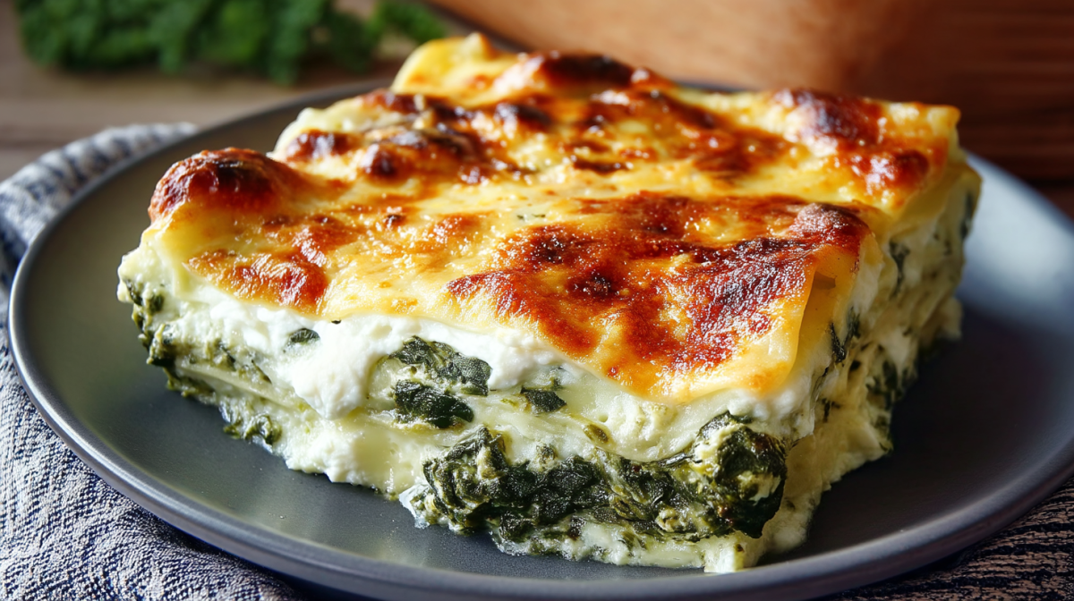 Ein Stück Spinat-Frischkäse-Lasagne auf einem dunklen Teller.