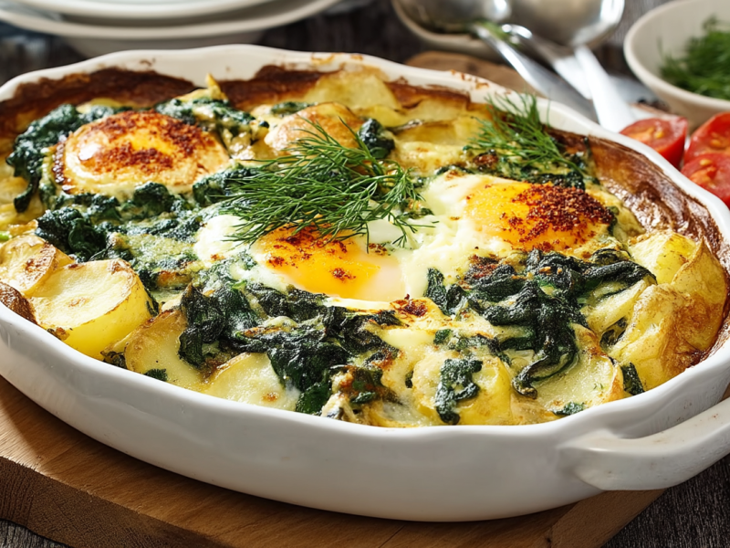 Spinat-Kartoffel-Auflauf mit Ei in einer Keramik-Auflaufform.