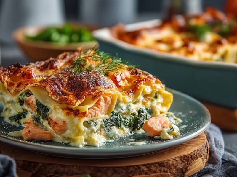 Ein Teller mit Spinat-Lachs-Lasagne, der auf einem runden Holzbrett steht. Im Hintergrund kann man eine Auflaufform mit Spinat-Lachs-Lasagne erkennen. Außerdem stehen einige Schüsseln und Gefäße herum, teilweise mit frischen Kräutern.