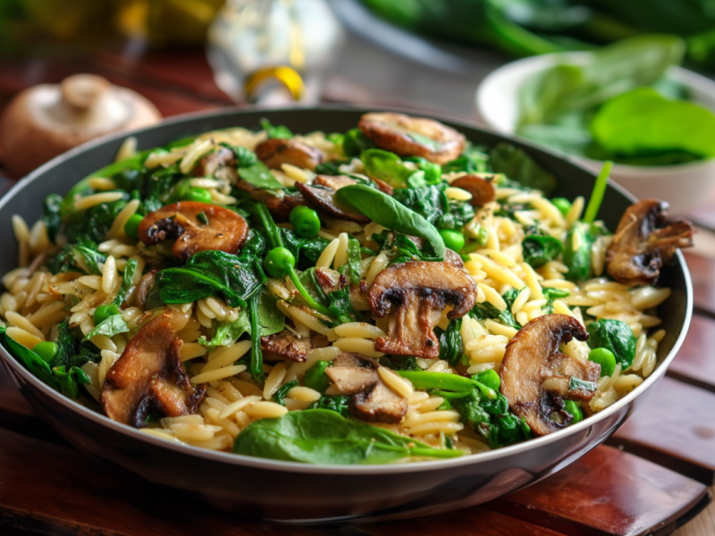 Eine Spinat-Orzo-Pfanne mit Pilzen auf einer hölzernen Unterlage. Im Hintergrund liegen weitere Zutaten, wie frischer Spinat und Champignons.
