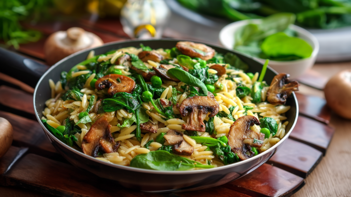 Eine Spinat-Orzo-Pfanne mit Pilzen auf einer hölzernen Unterlage. Im Hintergrund liegen weitere Zutaten, wie frischer Spinat und Champignons.