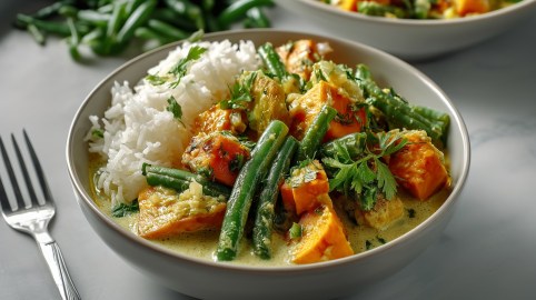 Ein Teller Süßkartoffelcurry mit grünen Bohnen und Reis. Daneben eine Gabel.