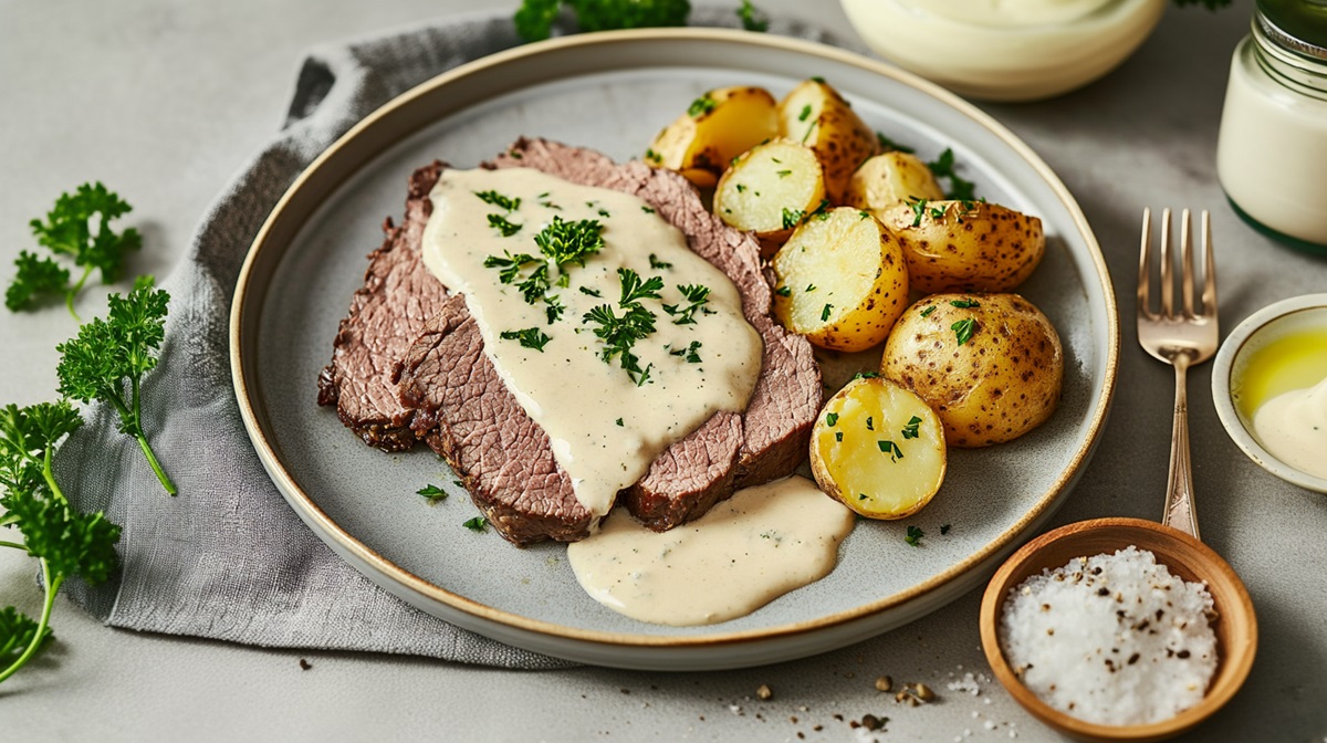 Teller mit Tafelspitz mit Meerrettichsoße und Kartoffeln