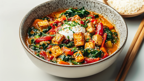 Eine Schüssel Thai-Curry auf einem weißen Tisch. Es ist mit Paprika, Spinat, Tofu und Joghurt zubereitet. Rechts neben der Schale liegen zwei Essstäbchen, rechts im Hintergrund steht eine Schale mit Sesamkörnern.