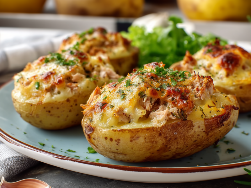 Vier Thunfisch-Ofenkartoffeln liegen auf einem Teller. Sie sind mit Thunfisch gefüllt und mit Käse überbacken. Rechts auf dem Teller liegt eine Knoblauchzehe. Man sieht noch einige frische Kräuter am Rand sowie etwas Salat im Hintergrund.