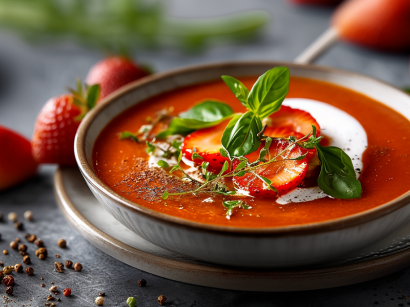 Ein tiefer Teller mit Tomaten-Erdbeer-Suppe, die mit frischen Kräutern, Erdbeerscheiben und etwas Sahne garniert ist. Der Teller steht auf einem weiteren Teller. Ringsum liegen einzelne Erdbeeren und Pfefferkörner herum. Im Hintergrund kann man außerdem Tomaten und frische Kräuter erkennen.