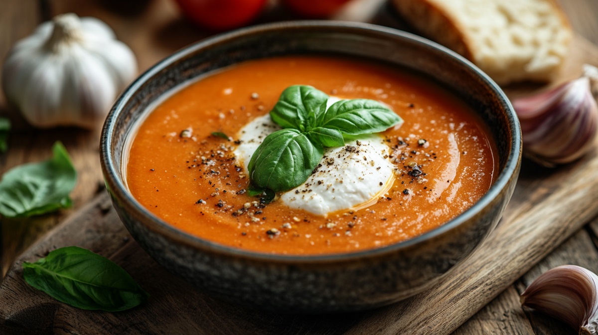 Schale mit Tomatensuppe mit geröstetem Knoblauch und Burrata