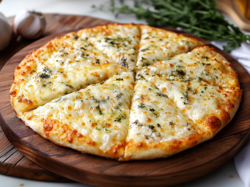 Ein Tortilla-Knoblauchbrot liegt auf einem Holzbrett. Im Hintergrund sieht man einigen Knoblauchknollen, Kräuter sowie eine Flasche Öl.