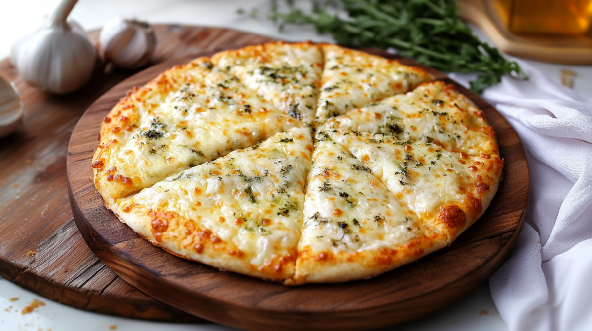 Ein Tortilla-Knoblauchbrot liegt auf einem Holzbrett. Im Hintergrund sieht man einigen Knoblauchknollen, Kräuter sowie eine Flasche Öl.