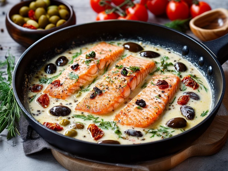 Toskanische Lachs-Pfanne mit Oliven und getrockneten Tomaten auf einem Tisch