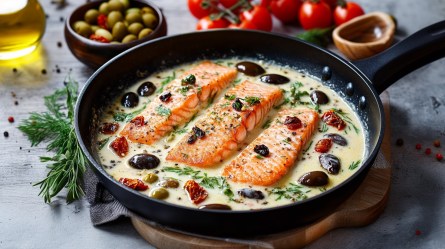 Toskanische Lachs-Pfanne mit Oliven und getrockneten Tomaten auf einem Tisch