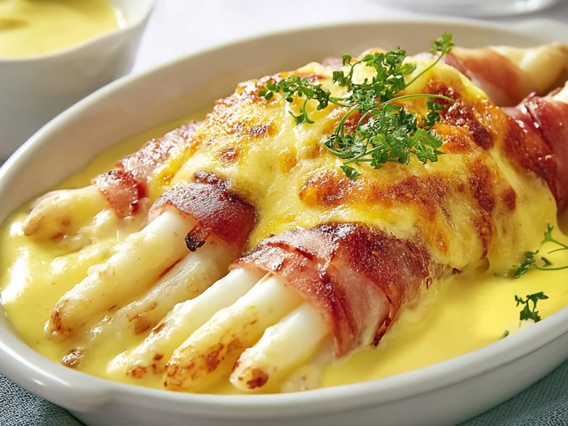 Überbackener Spargel mit Schinken und Sauce hollandaise in einer Auflaufform, bestreut mit Kräutern. Daneben eine Schale mit der Sauce hollandaise. Nahaufnahme.