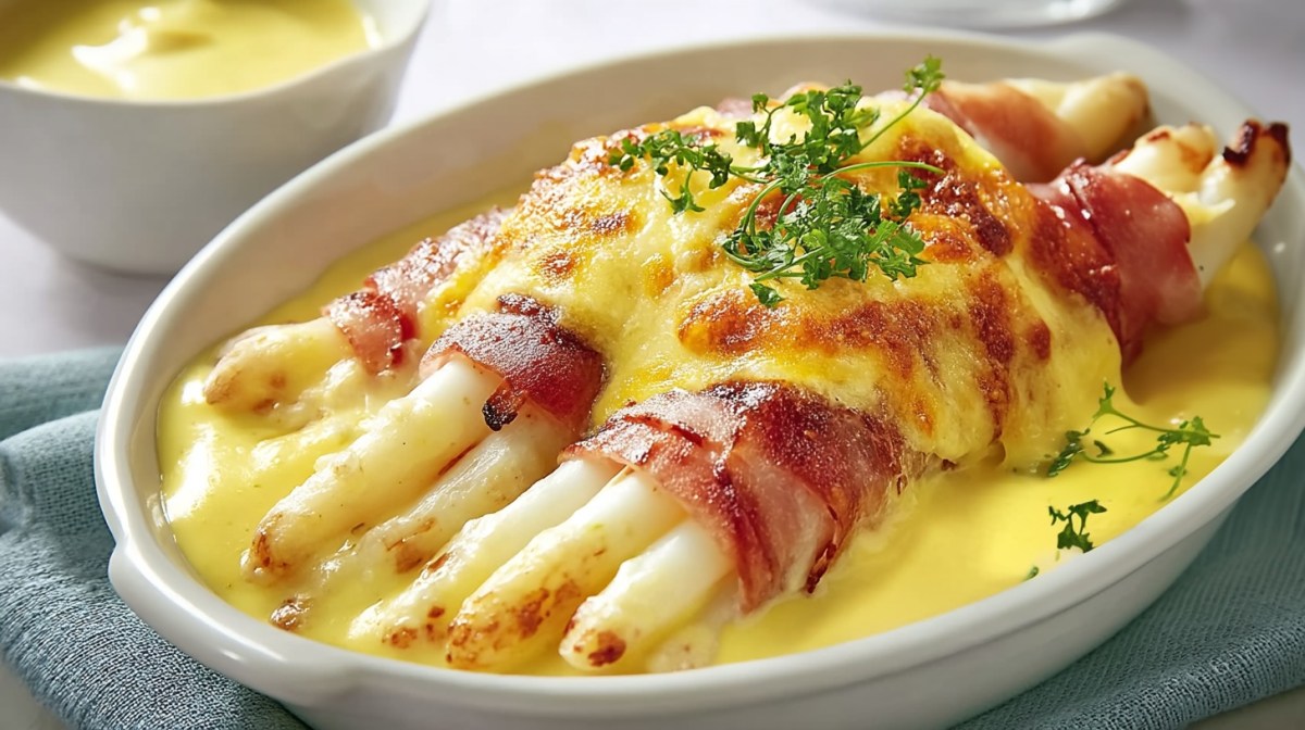 Überbackener Spargel mit Schinken und Sauce hollandaise in einer Auflaufform, bestreut mit Kräutern. Daneben eine Schale mit der Sauce hollandaise. Nahaufnahme.