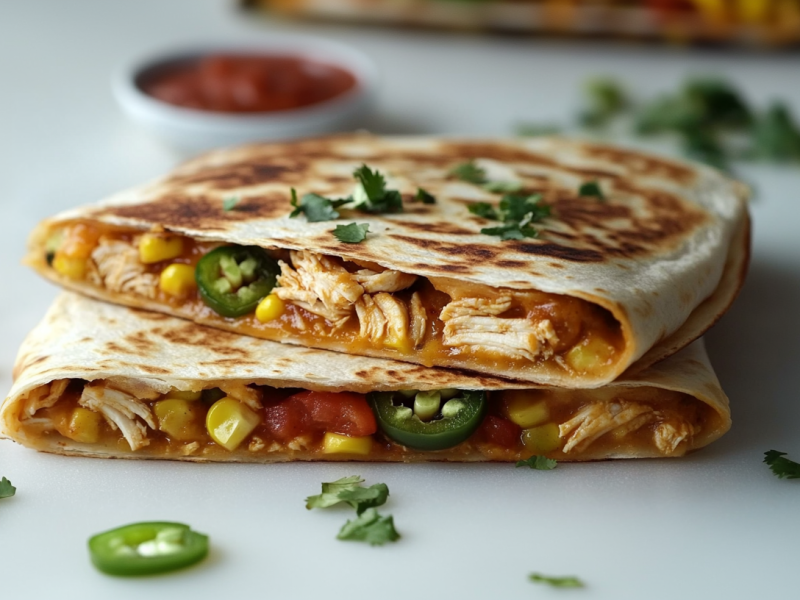 Zwei vegane Hähnchen-Quesadillas liegen übereinander auf einem hellen Untergrund. Sie sind mit Jackfrucht-Stücken, gehackten Tomaten, Mais und Jalapeños gefüllt. Um sie herum liegen frischer Koriander, Mais und eine Jalapeñoscheibe.