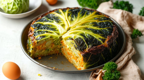 Ein vegetarischer Wirsingkuchen auf einem Teller. Davor liegt ein Ei und etwas Petersilie. Rechts daneben liegt ein Tuch. Im Hintergrund sieht man noch einen kleinen Kohlkopf, ein Ei sowie weitere frische Kräuter.