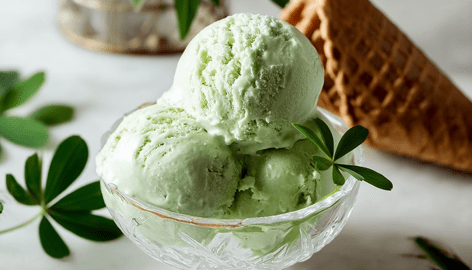 Drei Kugeln Waldmeister-Eis in einer Glasschale. Es ist mit Waldmeister-Blättern garniert. Dahinter liegt eine Eiswaffel.