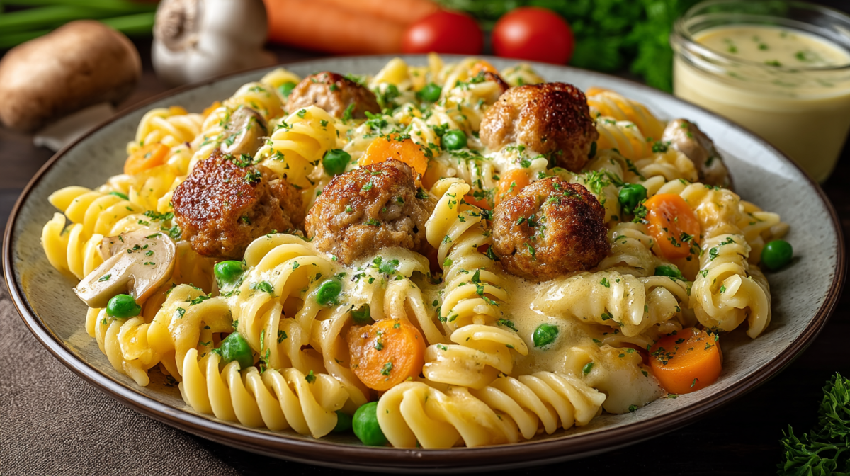 Ein Teller Wikingernudeln mit Fleischklößchen, Möhren, Erbsen, Champignons und Sahnesoße.