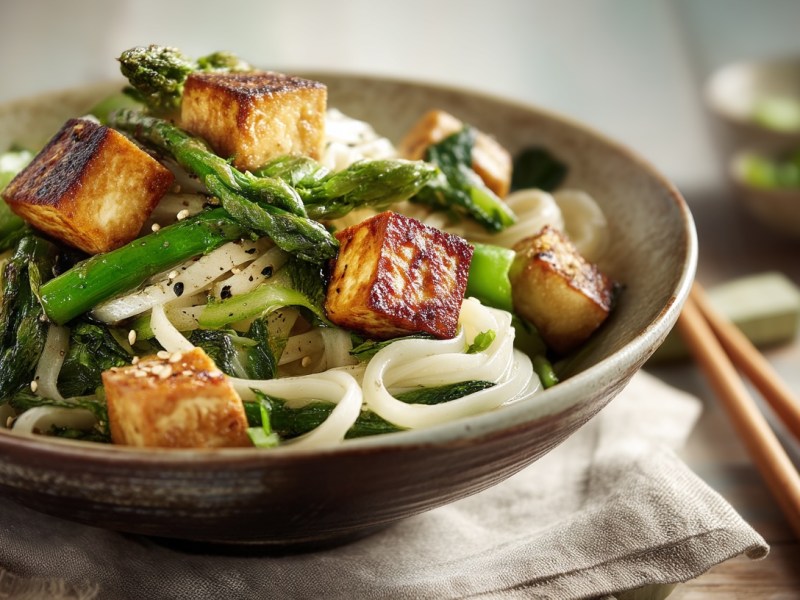 Eine Schüssel Zitronenspargel mit Reisnudeln und gebratenem Tofu. Daneben Essstäbchen. Nahausnahme.