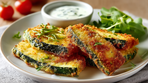 Einige Zucchinischnitzel auf einem weißen Teller, serviert mit Salat und Joghurt-Dip.