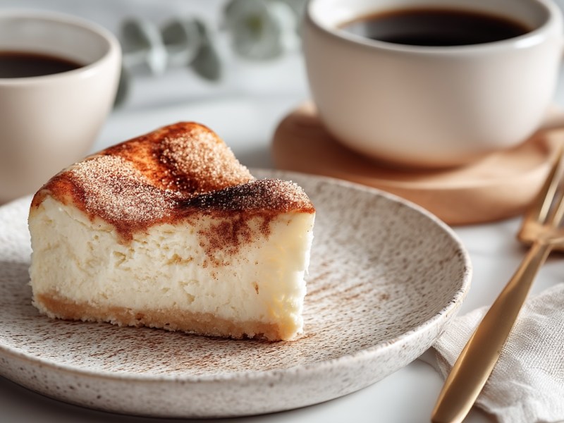 Ein Stück Zucker-Zimt-Käsekuchen auf einem Teller, daneben 2 Kaffeetassen und eine Gabel.