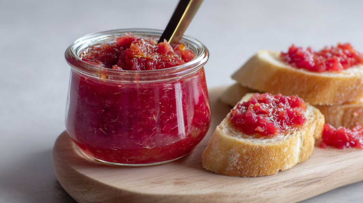 Ein Glas mit Zwiebel-Rhabarber-Aufstrich auf einem Holzbrett. Daneben liegen drei Scheiben aufgeschnittenes Baguette. Auf zwei wurde etwas des Aufstrichs verteilt.