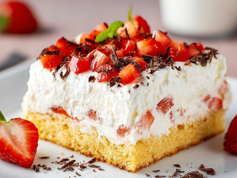 Ein Stück Fantakuchen mit Erdbeeren auf einem Teller.