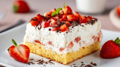 Ein Stück Fantakuchen mit Erdbeeren auf einem Teller.