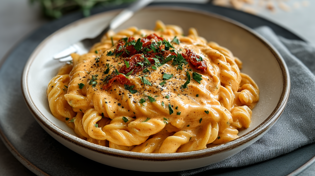 Eine Schüssel Ajvar-Sahne-Nudeln steht auf einem Unterteller. Unter der Schüssel liegt ein graues Küchentuch.