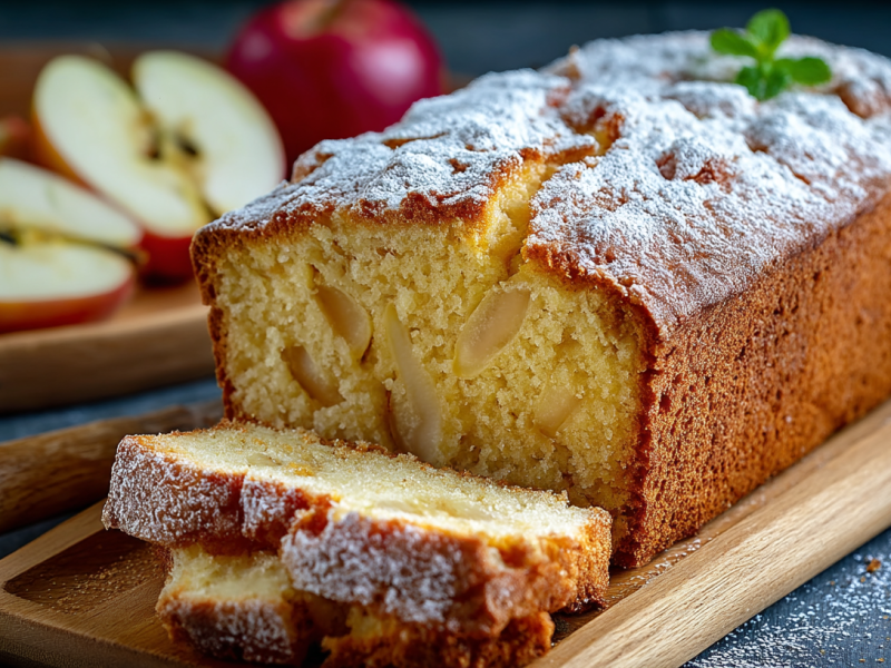 Apfel-Marzipan-Kuchen aus der Kastenform, von dem einige Stücke angeschnitten wurden.