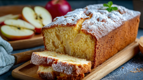 Apfel-Marzipan-Kuchen aus der Kastenform, von dem einige Stücke angeschnitten wurden.