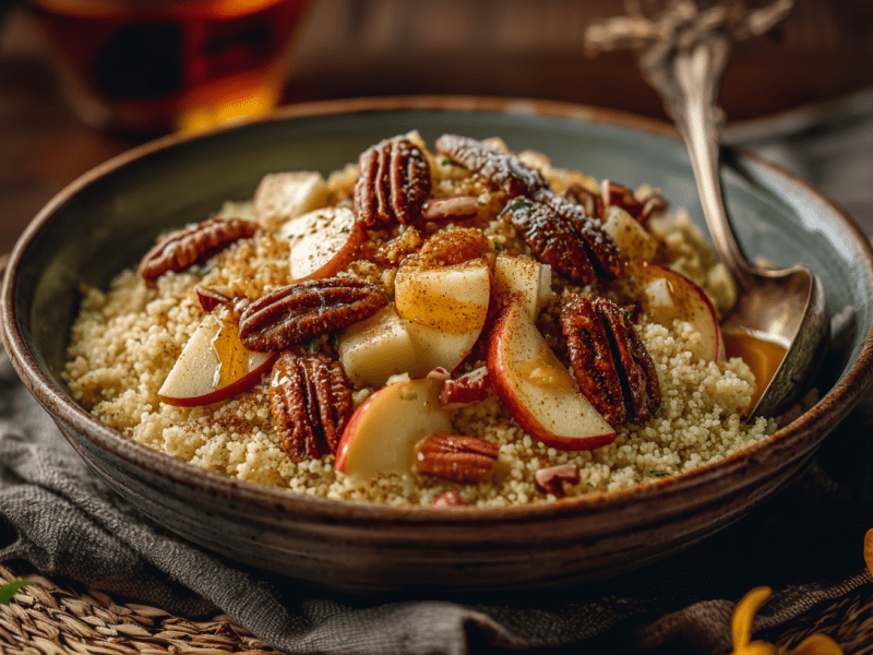 Eine Schale mit Apfel-Pekannuss-Couscous auf einem grauen Tuch und einem Kork-Untersetzer. Im Couscous liegt ein Löffel.