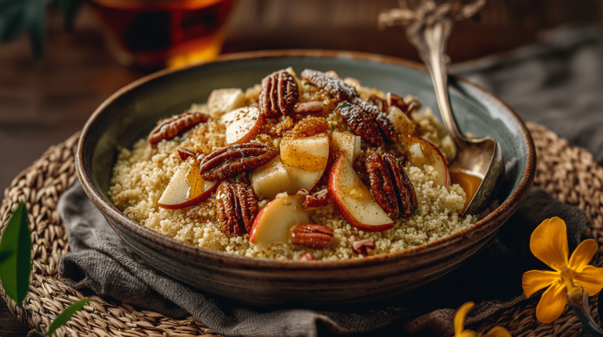 Eine Schale mit Apfel-Pekannuss-Couscous auf einem grauen Tuch und einem Kork-Untersetzer. Im Couscous liegt ein Löffel.
