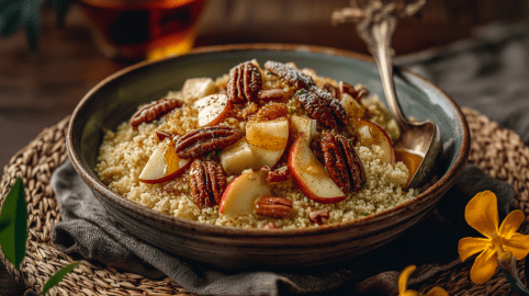 Eine Schale mit Apfel-Pekannuss-Couscous auf einem grauen Tuch und einem Kork-Untersetzer. Im Couscous liegt ein Löffel.