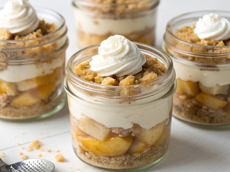 Vier Gläser mit Apple Crumble im Glas´auf hellem Untergrund. Links im Bild liegt ein Löffel.