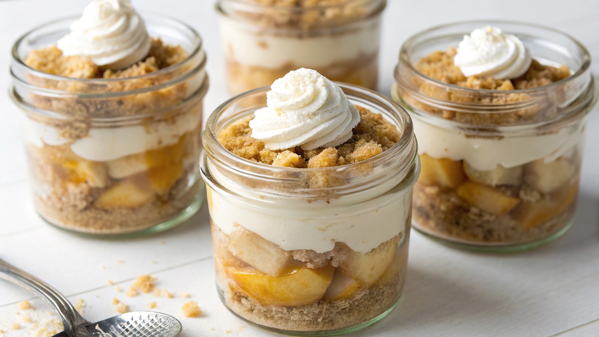 Vier Gläser mit Apple Crumble im Glas´auf hellem Untergrund. Links im Bild liegt ein Löffel.