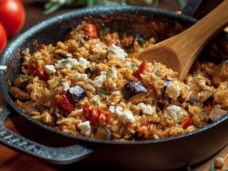 Eine Auberginen-Reispfanne mit Feta.