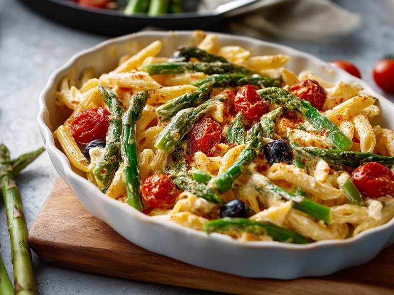 Eine Auflaufform mit Baked-Feta-Pasta mit Spargel, Tomaten und schwarzen Oliven. Die Form steht auf einem Holzbrett. Ringsum sind Spargelstangen und Cherrytomaten zu sehen.
