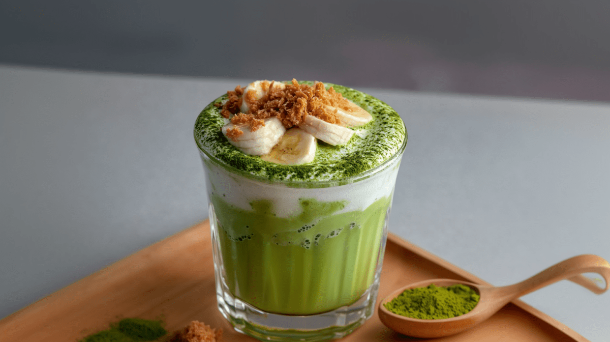 Ein Glas mit Banana-Pudding-Matcha auf einem Holztablett. Rechts neben dem Glas liegt ein Holzlöffel mit Matchapulver. Links liegt ebenfalls etwas Matchapulver sowie Keksbrösel