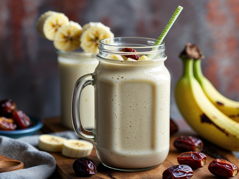 zwei Gläser Bananen-Dattel-Smoothie auf einem Tisch, Bananen und Datteln daneben