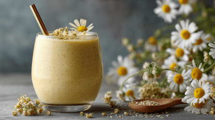 Ein Glas mit einem Banane-Kamillentee-Smoothie, in dem ein Strohhalm steckt. Der Smoothie ist mit ein paar Blüten dekoriert. Rechts im Bild und im Hintergrund sind frische Kamillenpflanzen zu sehen.
