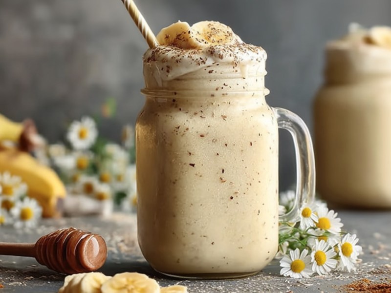 Zwei Bananen-Kamillentee-Smoothies. Daneben liegen Bananen und Kamillenblüten.