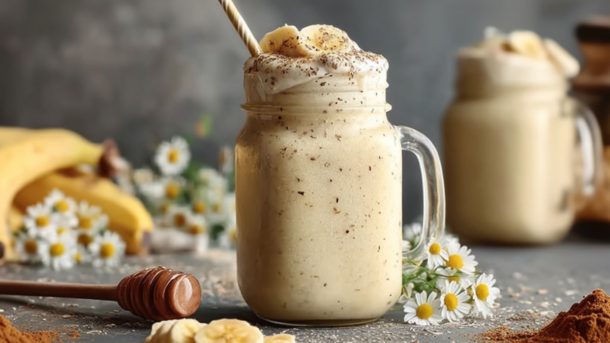 Zwei Bananen-Kamillentee-Smoothies. Daneben liegen Bananen und Kamillenblüten.