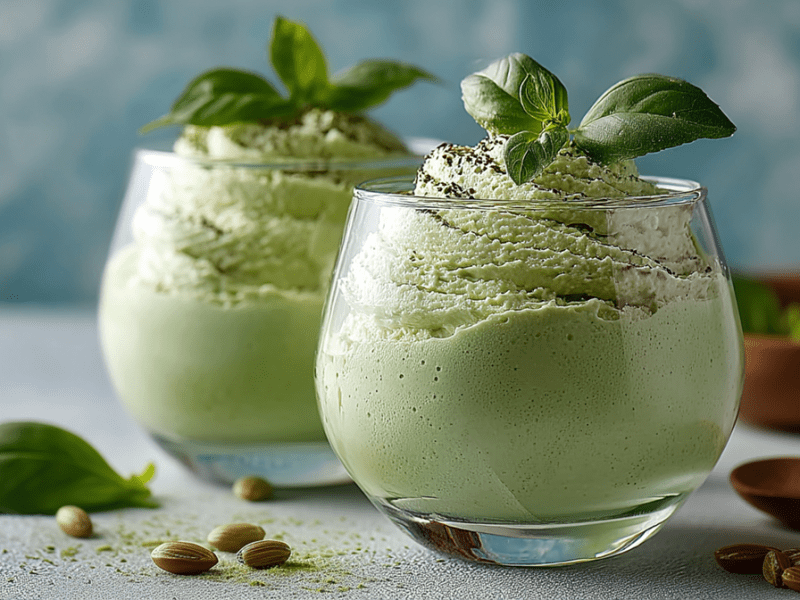 Zwei Gläser mit Basilikum-Mousse, die mit einigen frischen Basilikumblättern garniert sind. Drum herum liegen einige Pistazien, ein Holzlöffel und ein Basilikumblatt.