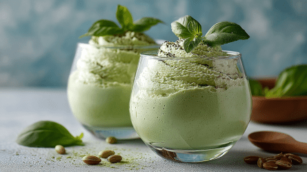 Zwei Gläser mit Basilikum-Mousse, die mit einigen frischen Basilikumblättern garniert sind. Drum herum liegen einige Pistazien, ein Holzlöffel und ein Basilikumblatt.