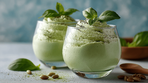 Zwei Gläser mit Basilikum-Mousse, die mit einigen frischen Basilikumblättern garniert sind. Drum herum liegen einige Pistazien, ein Holzlöffel und ein Basilikumblatt.