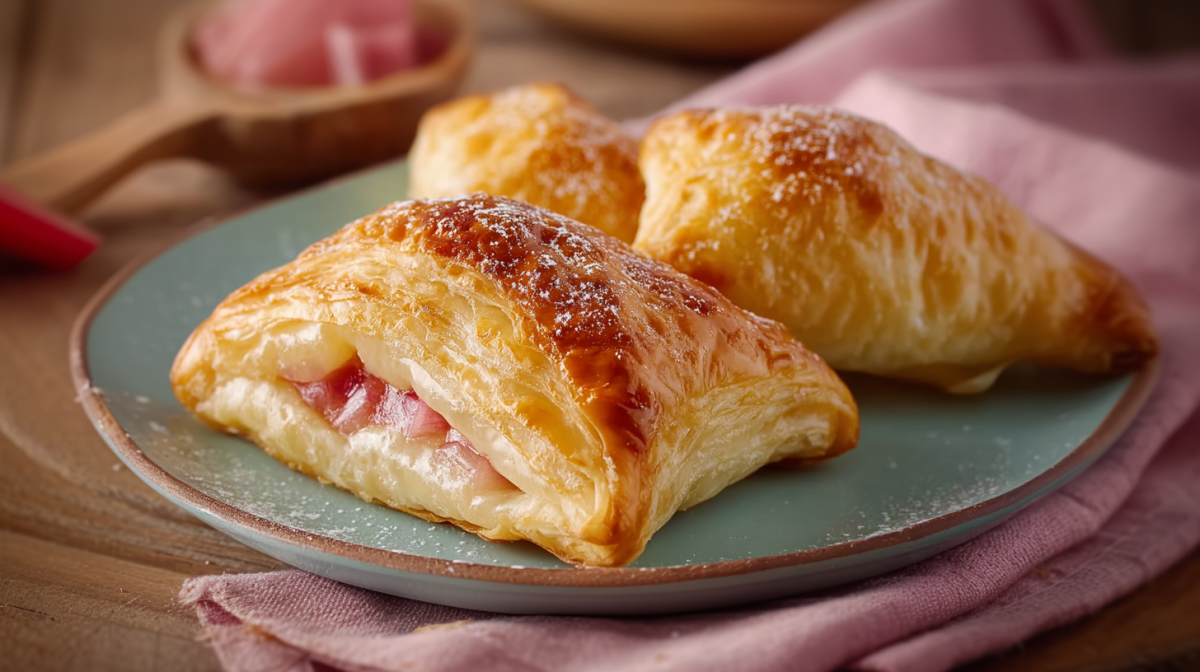 Drei Blätterteig-Rhabarbertaschen liegen auf einem blauen Teller. Im Hintergrund liegt ein Löffel mit Rhabarberstücken. Der Teller steht auf einem rosafarbenen Tuch.