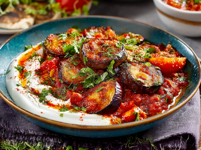 Borani Banjan auf einem blauen Teller. Das Gericht ist mit Joghurt, frischen Kräutern und Auberginen zubereitet. Der Teller steht auf einem größeren Untersetzer. Im Hintergrund sieht man weitere Kräuter, geröstetes Brot sowie eine Schale mit Tomatensoße.