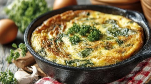 Pfanne mit Brennnessel-Omelett auf einem Tisch