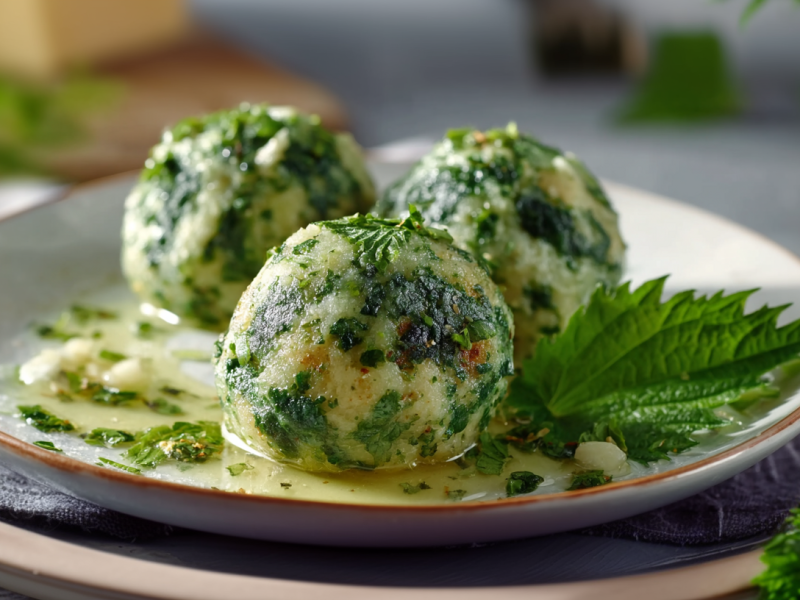 Drei Brennnesselknödel liegen auf einem grauen Teller. Neben ihnen liegt ein Brennnesselblatt. Im Hintergrund sieht man weitere Zutaten. Der Teller steht auf einem Unterteller. Neben dem Unterteller liegen noch weitere Brennnesselblätter.