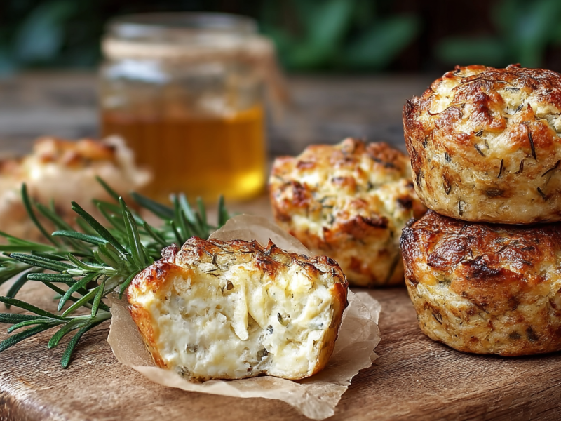 Einige Brie-Honig-Muffins mit Rosmarin, nebeneinander und gestapelt, auf einem Holzbrett-. Einer ist angebissen.